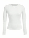 Women's solid-color long-sleeved T-shirt - Polyester knitted fabric,