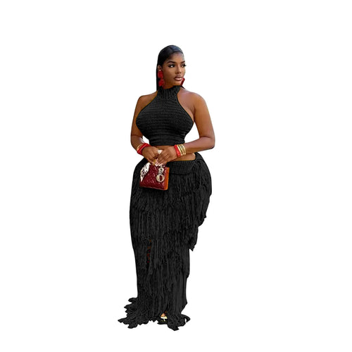 HLJ Casual Tassel Patchwork 2 Pieces Set for Woman Solid Color Halter