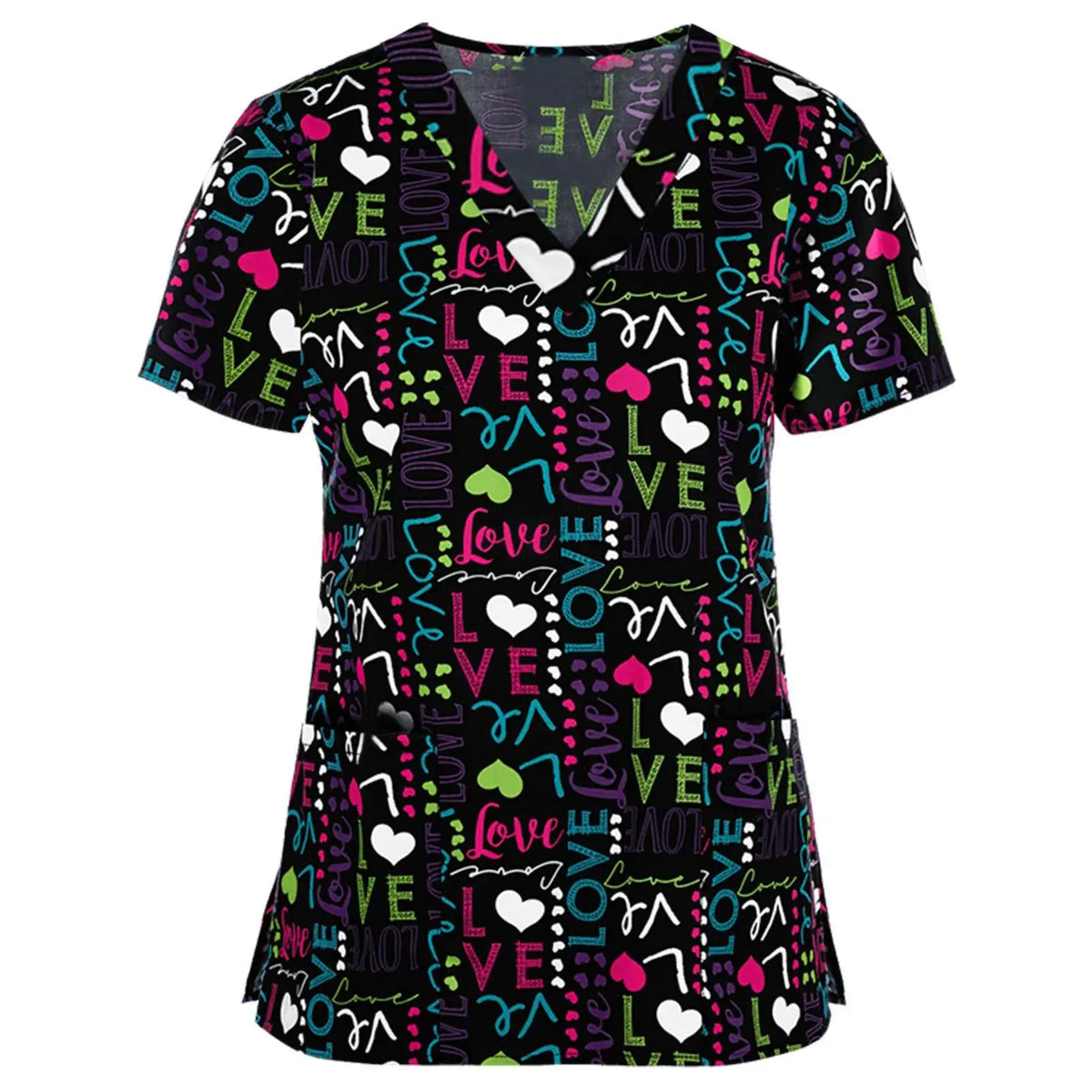 Women Working Uniform Animal Print Cartoon Cat Dog Short Sleeve V-neck