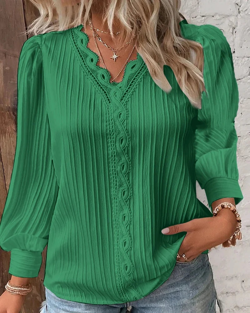 Elegant Summer Hollow Lace Patchwork Women Shirt Chic Blouse V Neck