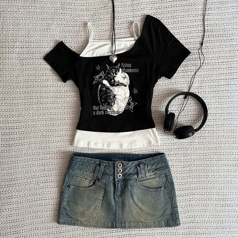 Asthetische Goth Fledermaus Brief Y2K Stil zweitelige T-Shirt Kurzarm