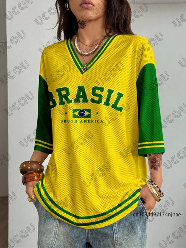 Summer New Brazil Print T Shirt For Women V-Neck Patchwork Short