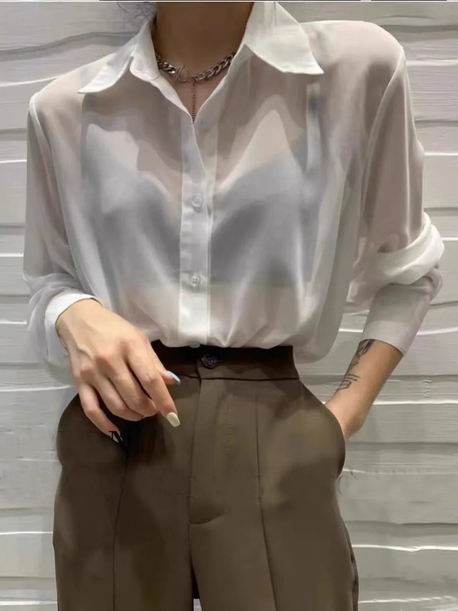 Sun-proof Transparent Shirt Female Mesh Long Sleeve Top Solid Color