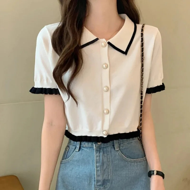 Sweet Women Shirt Korean Knitted Turn Down Collar Chic Short Sleeve