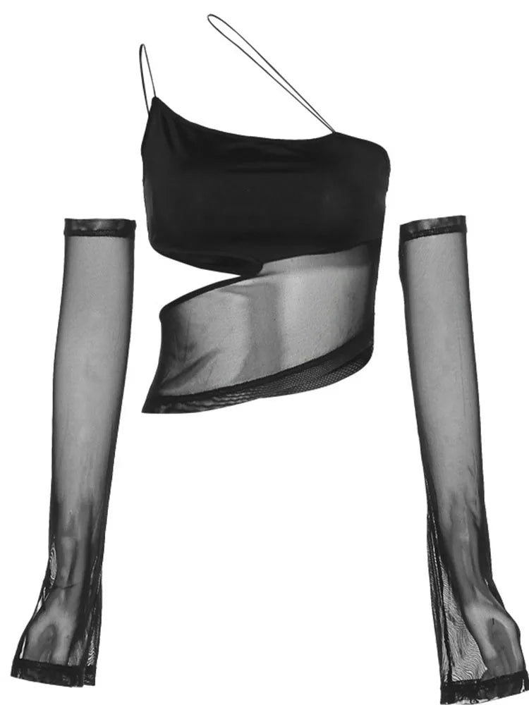 Asymmetrical Cut Out Mesh Crop Top with Sleeves Fairy Grunge  Clothes