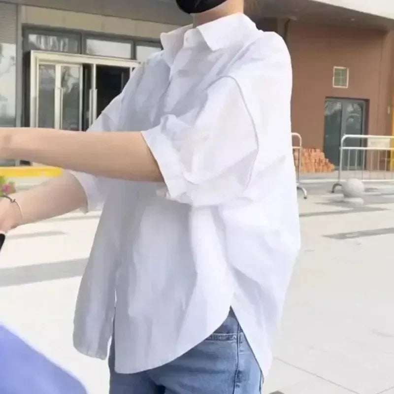 Women Blouses Elegant Streetwear Office Casual Loose Button Up White