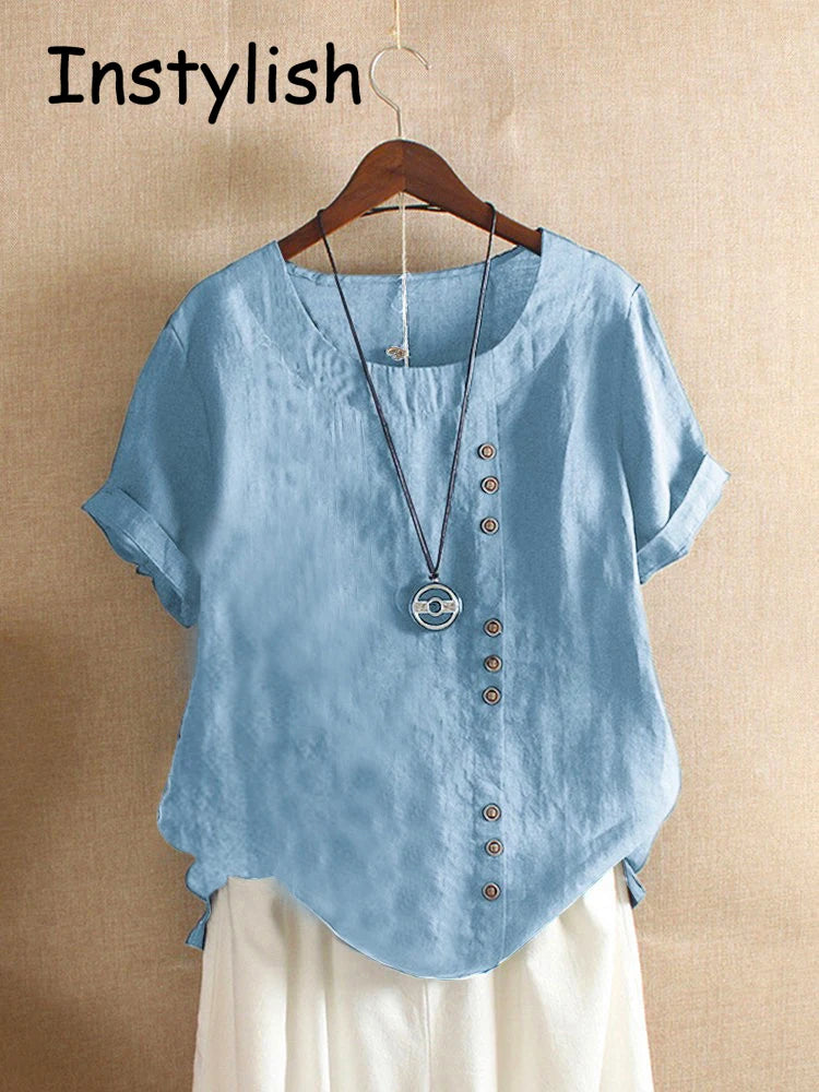Vintage Harajuku Button T Shirt Casual Summer Short Sleeve Cotton