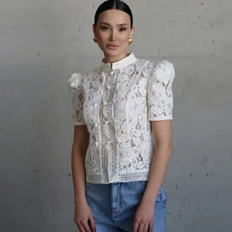 Tuularose Elegant Lace Blouse Women's Summer New Lace Patchwork Slim