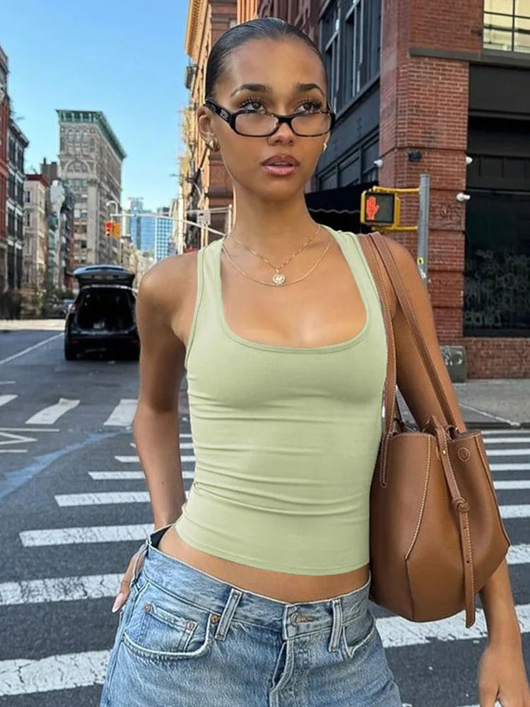 Women's Square Collar Sleeveless Bodycon Crop Tank Top Sexy Elegant