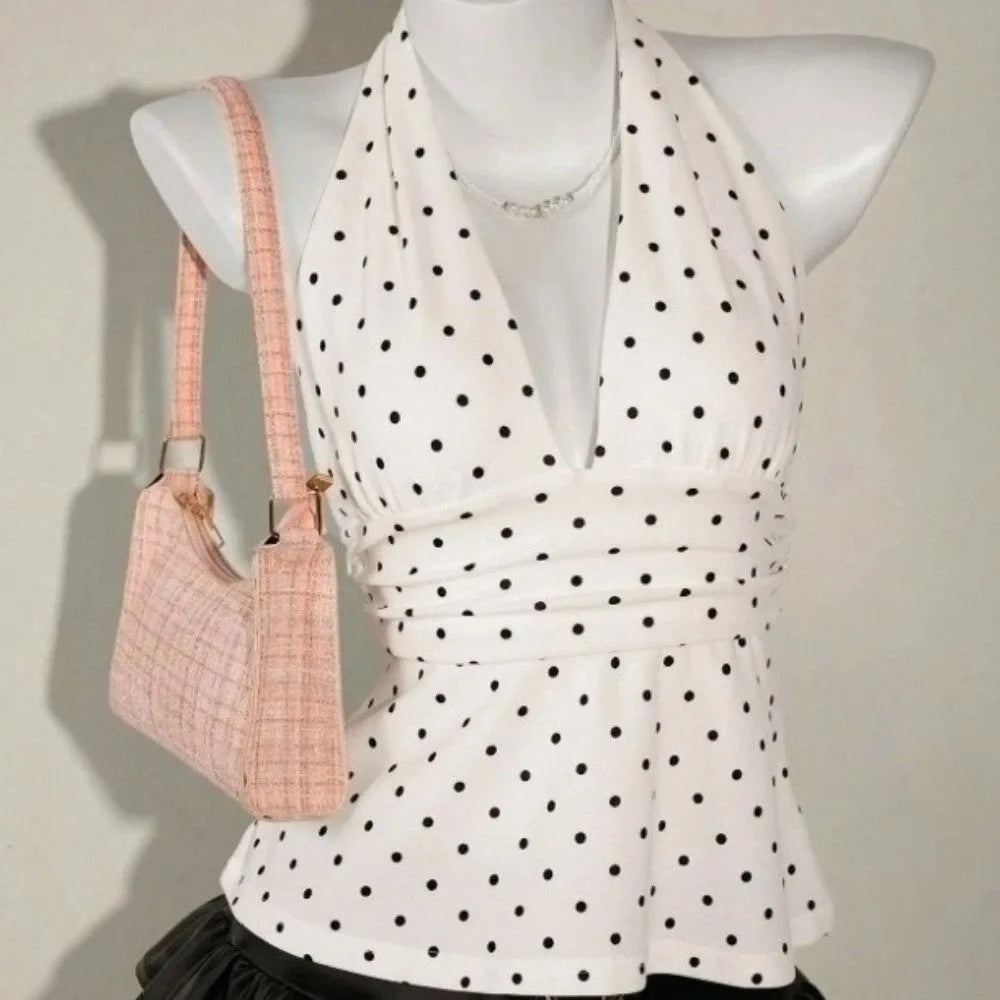 Fashion Sleeveless Women Crop Top Pleated Deep V Neck Halter Ruffle