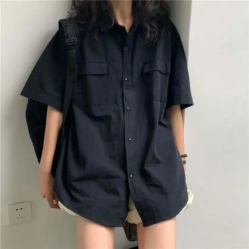 New Fashion Short Sleeve Shirt Women White Turn Down Collar Basic