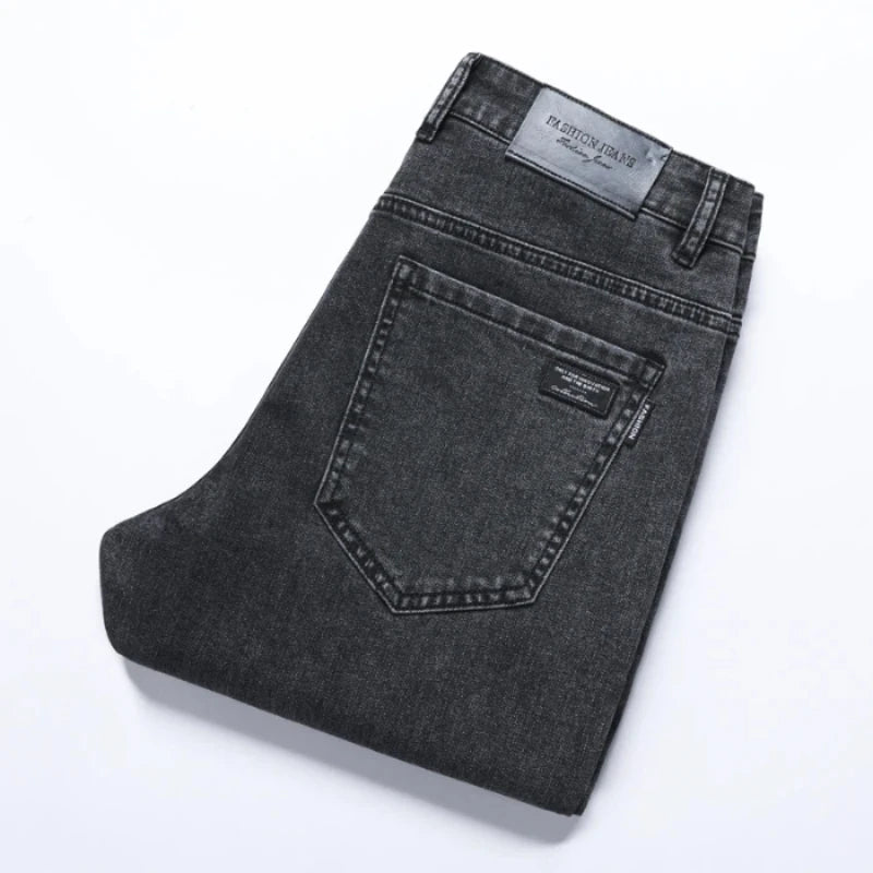 Korean Style Men's Black Slim Fit Straight Jeans Summer Stretch