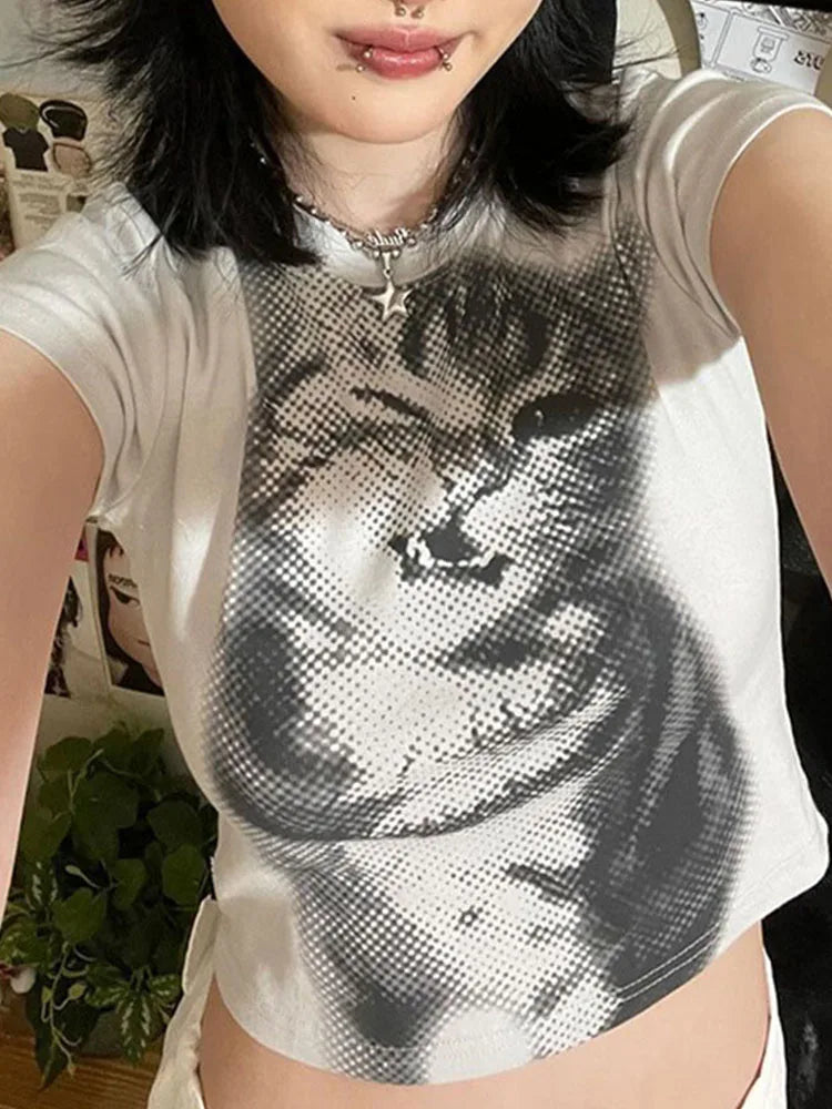 Harajuku Animal Print Crop Top Basic White Short Sleeve Crewneck