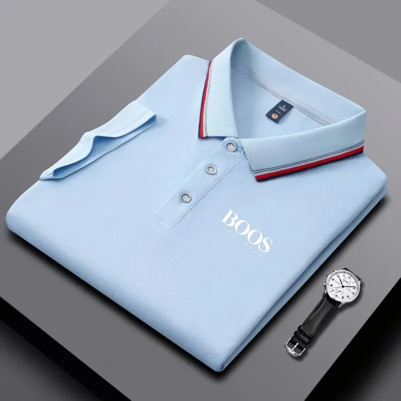 Men's business casual Polo shirt with striped collar and letter