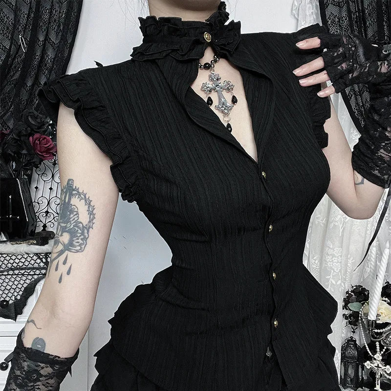 Goth Dark 90s Grunge Single Breasted Slim Wasit Shirt Blouses Women