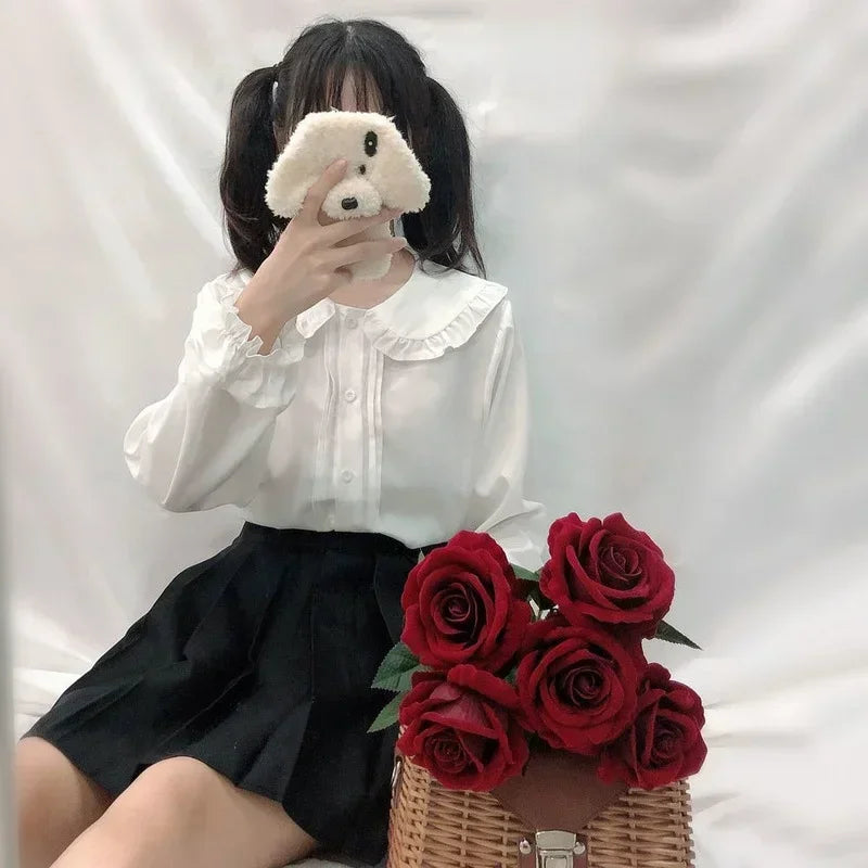 White Shirt Women Kawaii Peter Pan Collar Blouses Button Up Long
