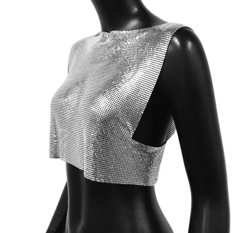 2024 New Shiny Metal Sequins Tank Top Sexy Round Neck Backless