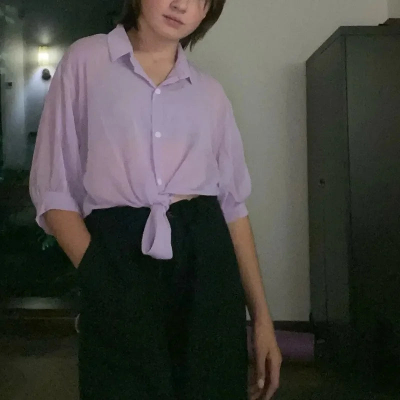 Casual Loose Hollow White Clothes Elegant Solid Color Tied Waist