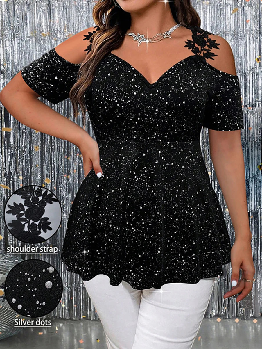 Plus Size Glitter Peplum Top Cold-Shoulder Stretchy Party Blouse Glam