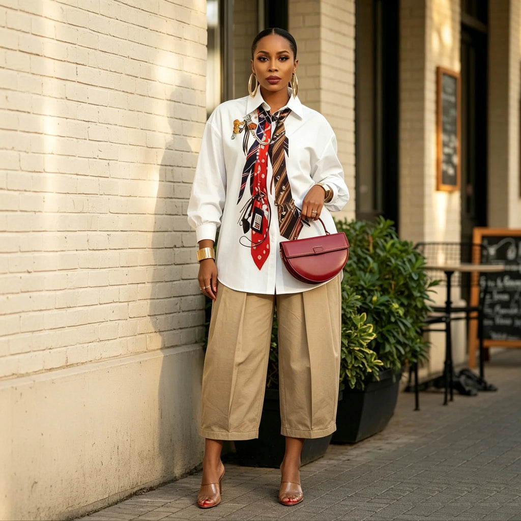 Yeezzi 2026 New Trendy Tie Printed White Shirts For Women Puff Sleeves
