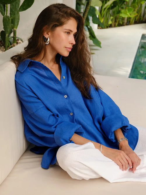 Spring Women's Linen Shirts Long Sleeve White Lapel Casual Solid