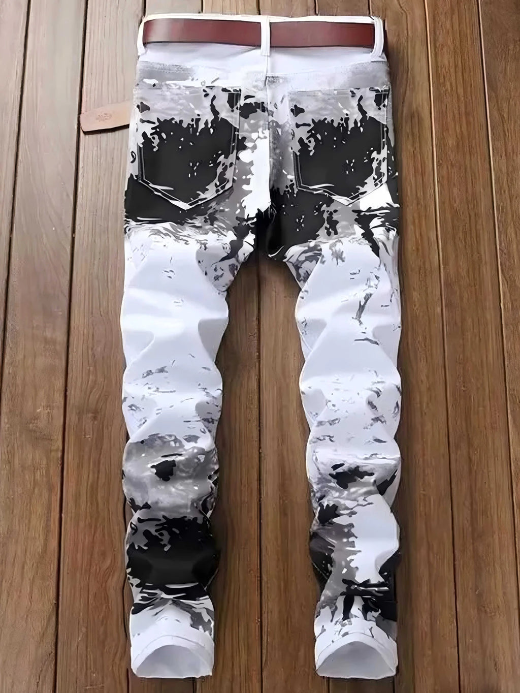 Men's Jeans Casual Black And Grey Printed Denim Pants Slim Fit