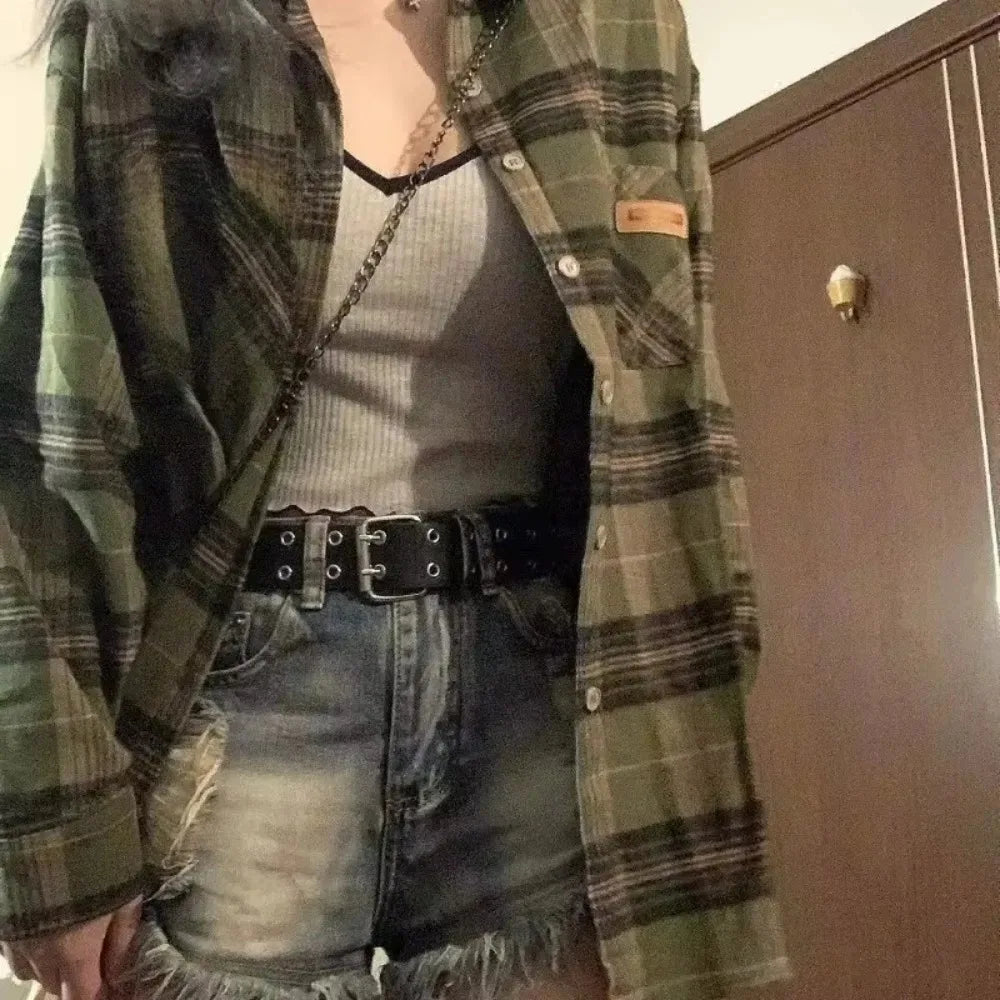 Vintage Dark Green Plaid Shirt Women Long Sleeve Oversized American