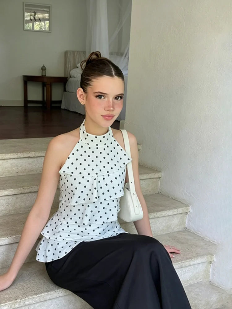 Polka Dot Print Halter Tiered Ruffle Top Women Back Tie Bow Sleeveless