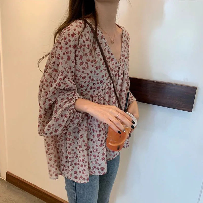 V-neck Chiffon Shirt Women Sweet Tops Blouse 2025 Spring Korean Floral