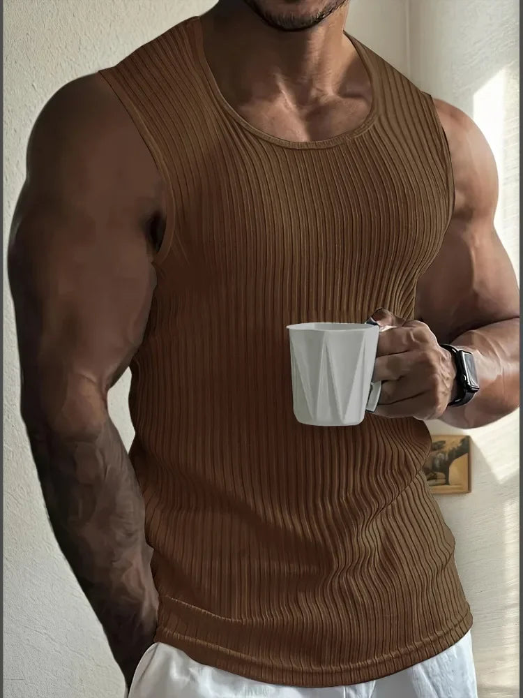 Men's Gym Stripe Tank Top Breathable Sleeveless Shirt Sports