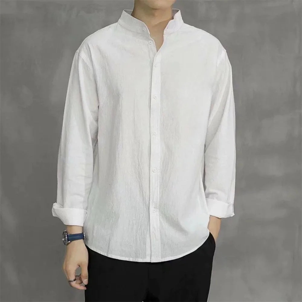 Spring Autumn Men's Shirt Long Sleeve Solid Color Cotton Linen Henley