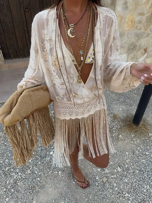 Beige Embroidered Long Tunic Tops Women Chic V Neck Long Sleeves Lace