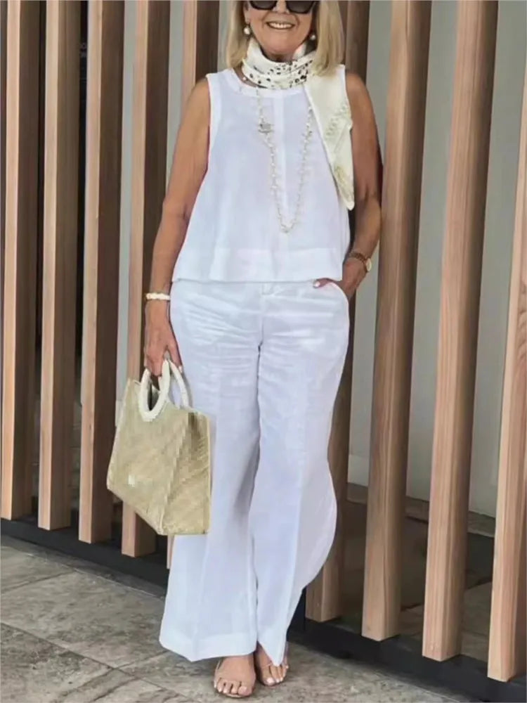 Simple Cotton Linen Women's Suits Summer Fashion Sleeveless Loose