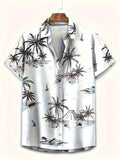 Men's Hawaiian Shirt with Tropical Leaf Pattern Button on Beach Cuban