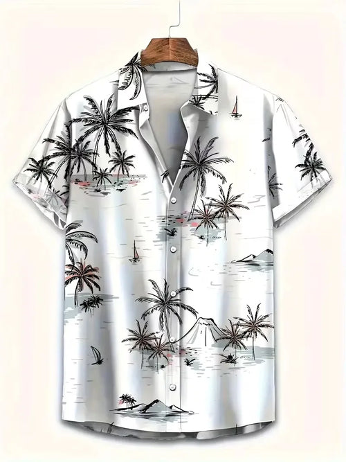 Men's Hawaiian Shirt with Tropical Leaf Pattern Button on Beach Cuban