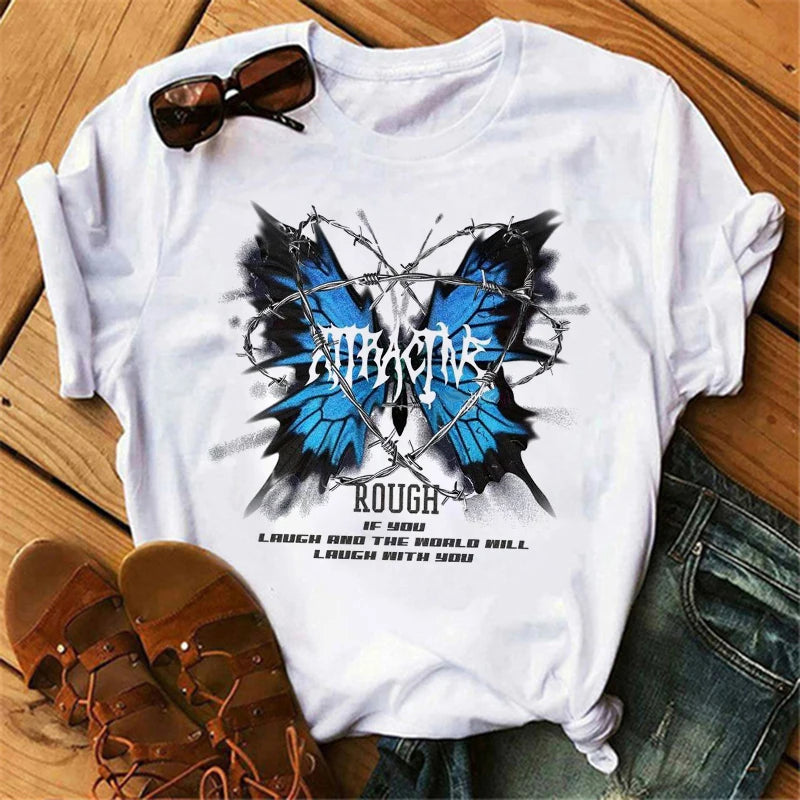 Women's Butterfly Tree Print Harajuku T-Shirt Round Neck Top Short