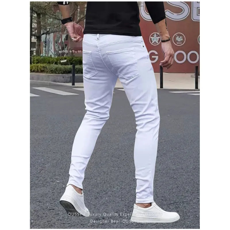 2026 New Spring Summer Men's White Skinny Jeans Slim Fit Stretch Denim