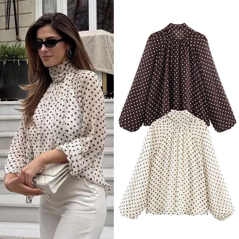 Women Polka Dot Print Blouse Casual High Collar Long Sleeve Lady Top