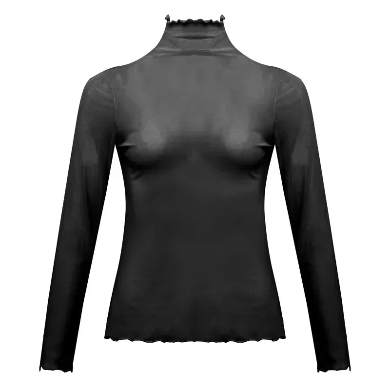 Mesh Long Sleeve  T-Shirt Women Turtleneck Vintage Office Lady Tshirts