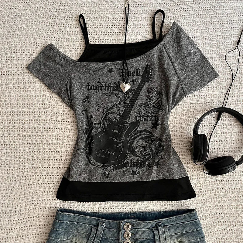 Y2k Slim Fit Print Tops Women Off Shoulder Short Sleeve Tee Shirt