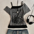 Y2k Slim Fit Print Tops Women Off Shoulder Short Sleeve Tee Shirt