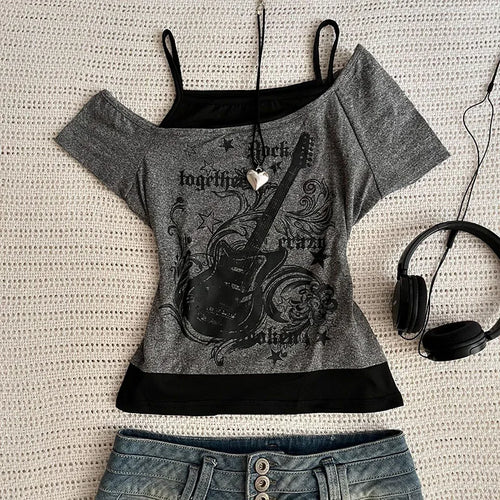 Y2k Slim Fit Print Tops Women Off Shoulder Short Sleeve Tee Shirt