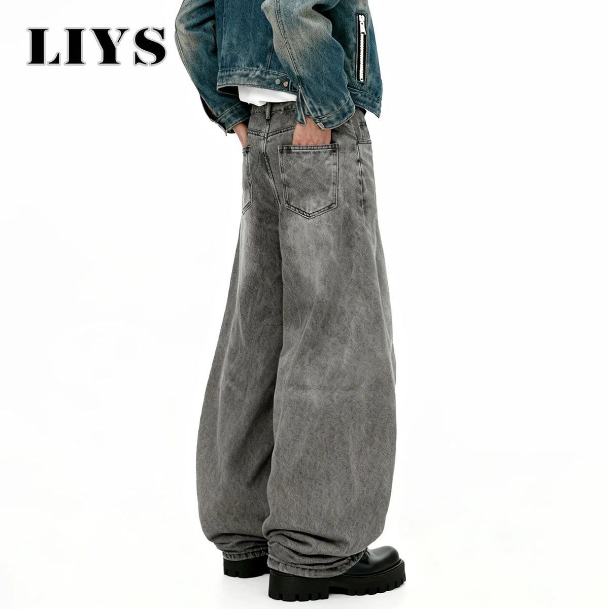 American Men's Retro Baggy Wide Leg Gray Black Jeans Spring Summer