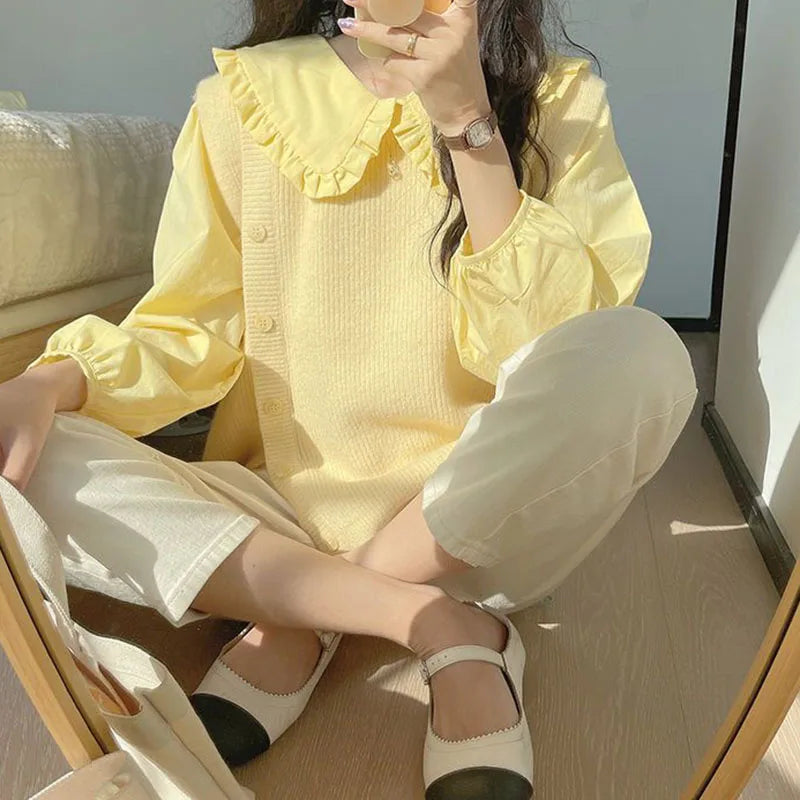 Solid Simple Blouse for Women Korean Chic Trendy Single-Breasted