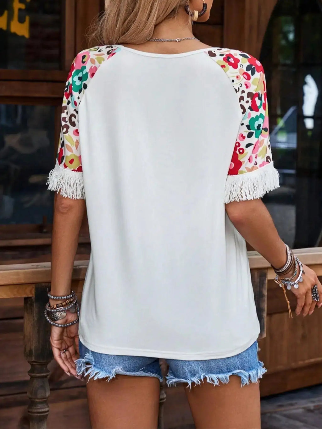 Women's Floral Print Fringe Trim Tee, Casual Short Sleeve V Neck