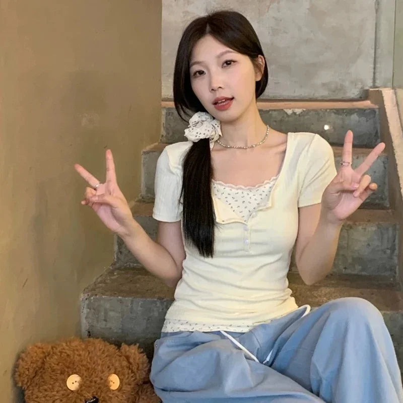 Women Soft Floral Lace Summer Blouse Lady Sweet Button Slim Fit 2024