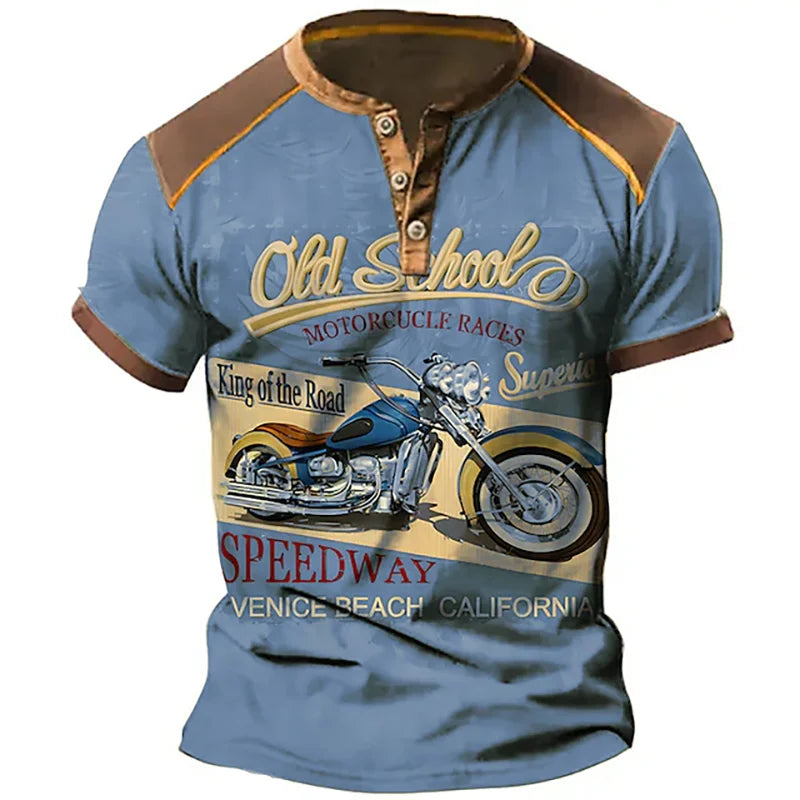 Summer Vintage Henley Shirts Motorcycle 3D Print Men's Casual