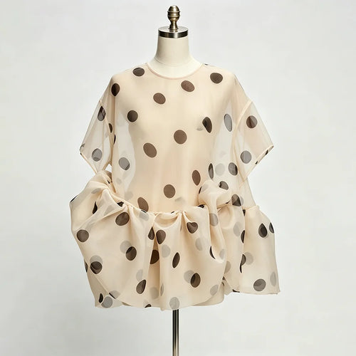 LIMO Women Sheer Organza Polka Dot Blouse Loose Short Sleeve Ruffle