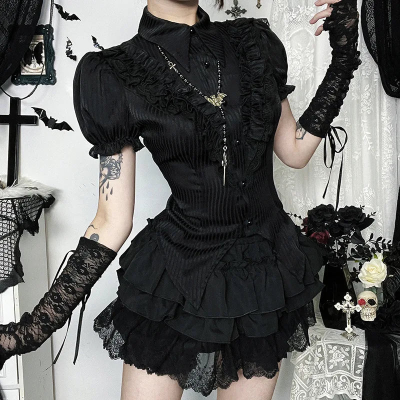 Goth Dark Kawaii Black Short Sleeve Buttons Shirt Lace-up Blouses Mall