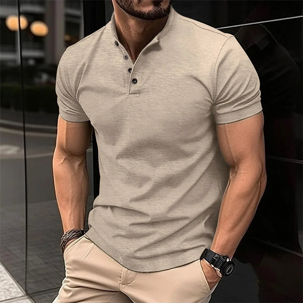 2026 New Summer Men Henley Collar T-shirts Button Slim Casual Male